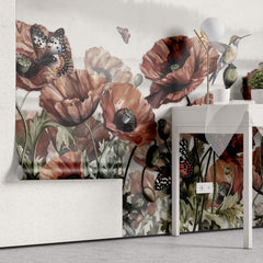 Tapet Personalizat Floral cu flori de mac si fluturi rosii - BUTTERFLY POPPIES