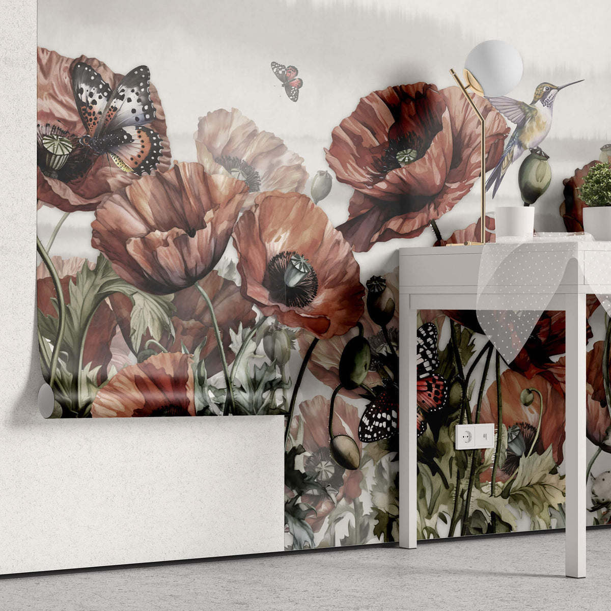 Tapet Personalizat Floral cu flori de mac si fluturi rosii - BUTTERFLY POPPIES