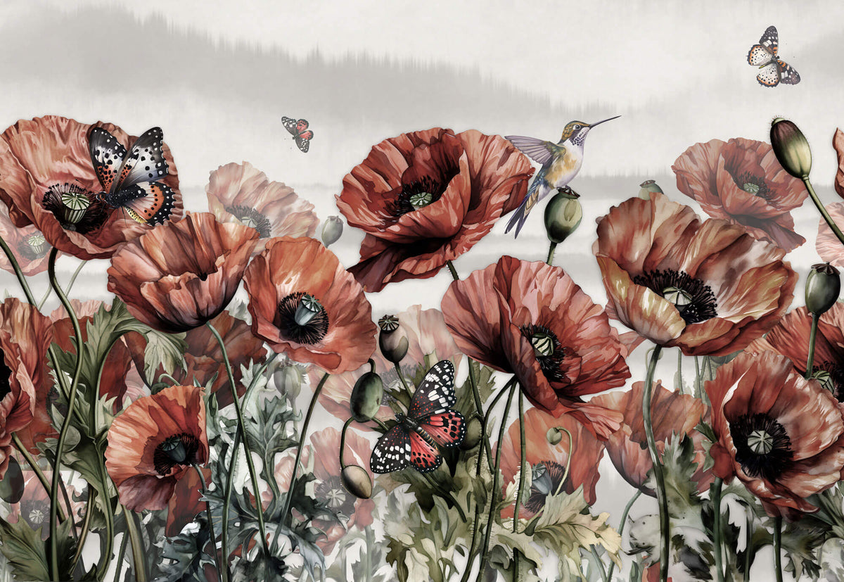 Tapet Personalizat Floral cu flori de mac si fluturi rosii - BUTTERFLY POPPIES