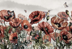 Tapet Personalizat Floral cu flori de mac si fluturi rosii - BUTTERFLY POPPIES