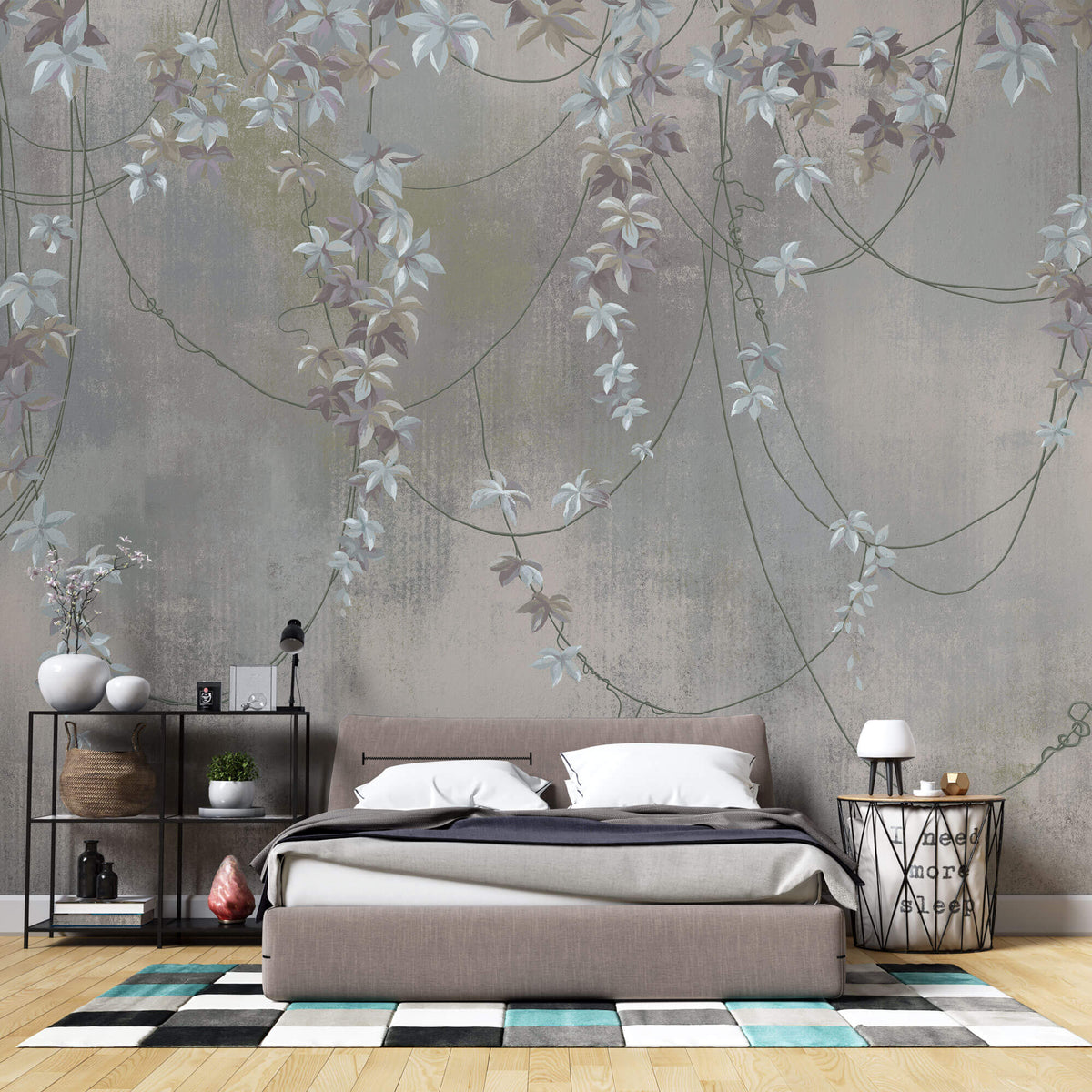Tapet Personalizat Floral cu liane inflorite si fundal cu efect de plaster - FLOWER VINES