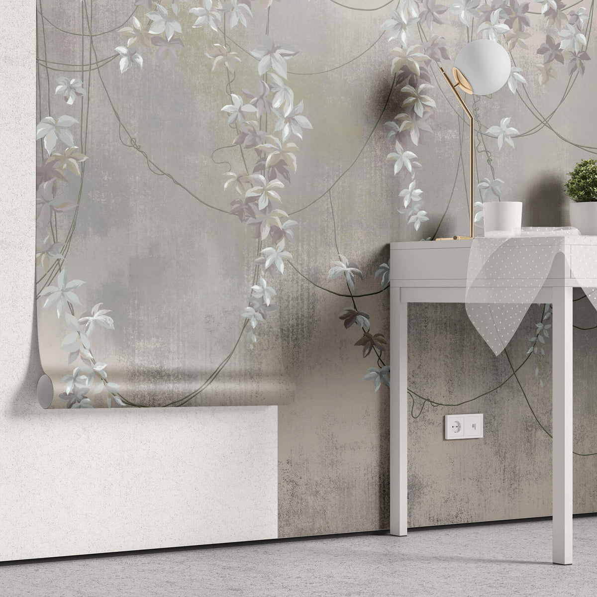 Tapet Personalizat Floral cu liane inflorite si fundal cu efect de plaster - FLOWER VINES