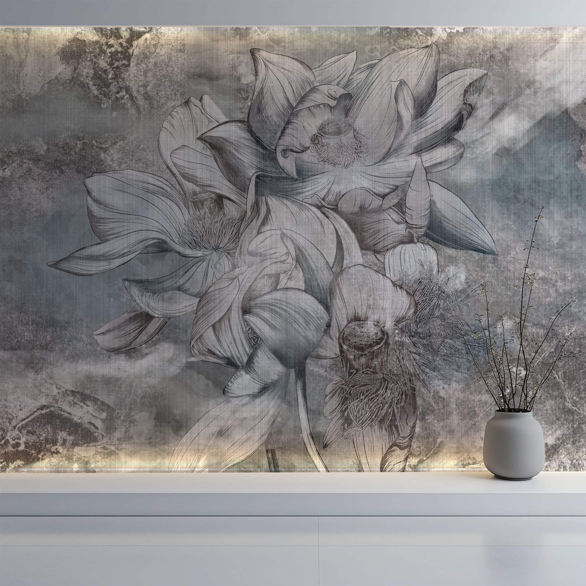 Tapet Personalizat Floral cu flori de lotus in nuante de albastru - TEXTURED LOTUS