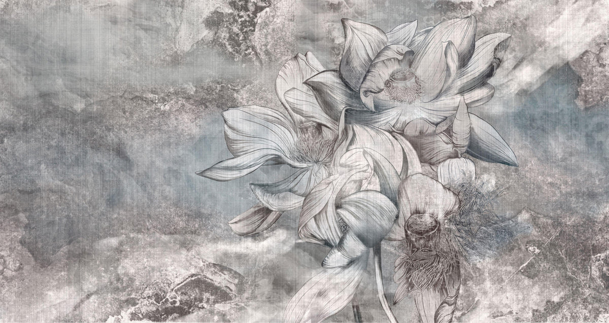 Tapet Personalizat Floral cu flori de lotus in nuante de albastru - TEXTURED LOTUS