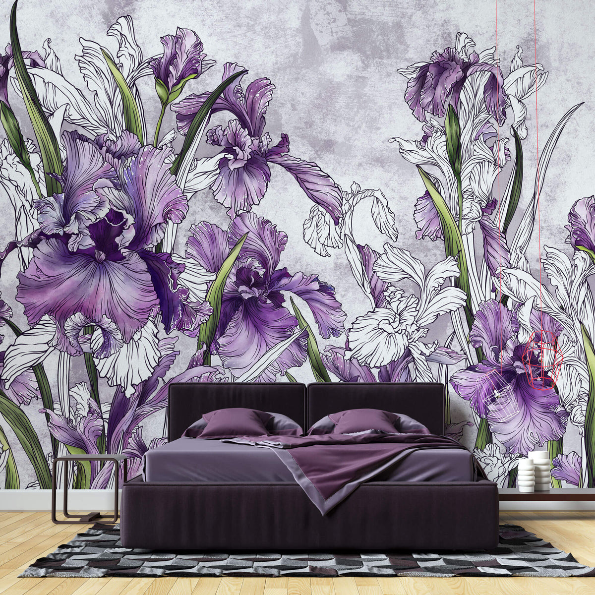 Tapet Personalizat Floral cu irisi mov pe un fundal cu efect de plaster - PURPLE IRISES