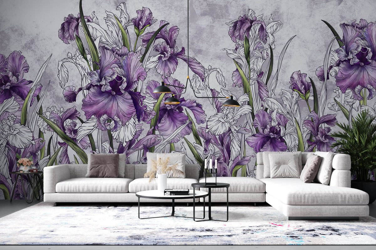 Tapet Personalizat Floral cu irisi mov pe un fundal cu efect de plaster - PURPLE IRISES