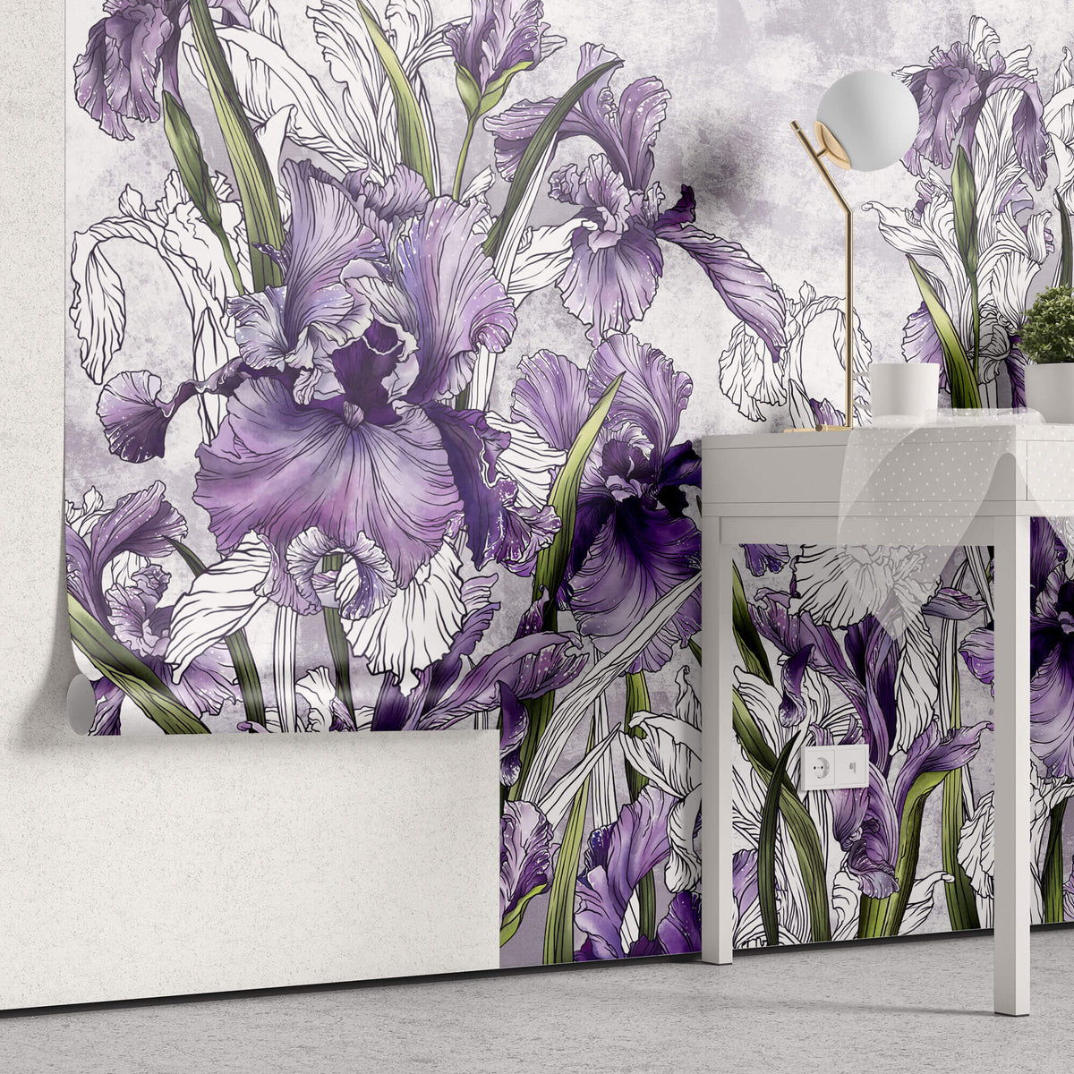 Tapet Personalizat Floral cu irisi mov pe un fundal cu efect de plaster - PURPLE IRISES