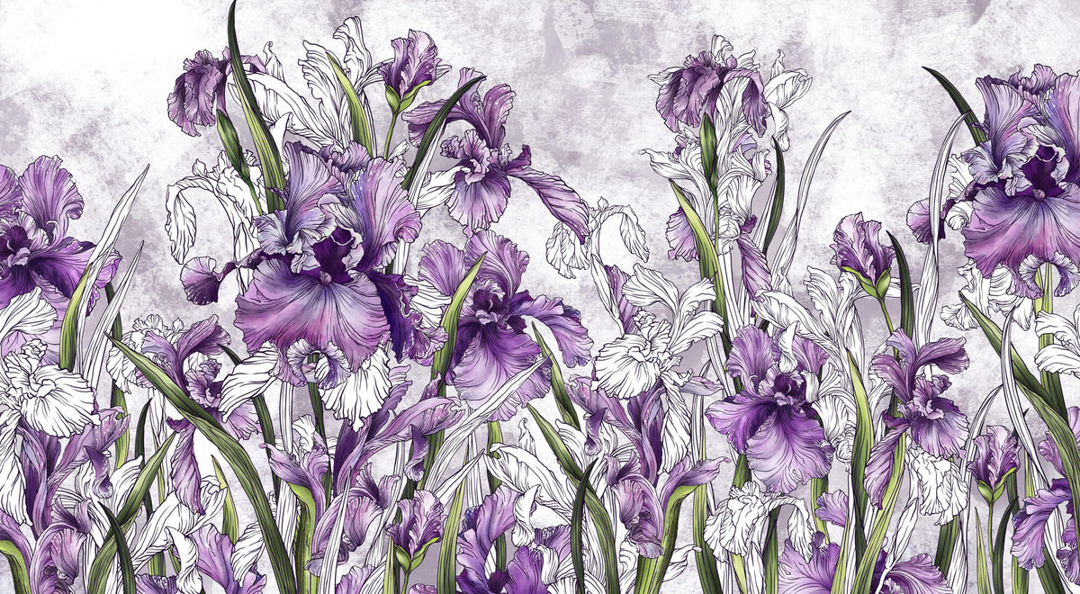Tapet Personalizat Floral cu irisi mov pe un fundal cu efect de plaster - PURPLE IRISES