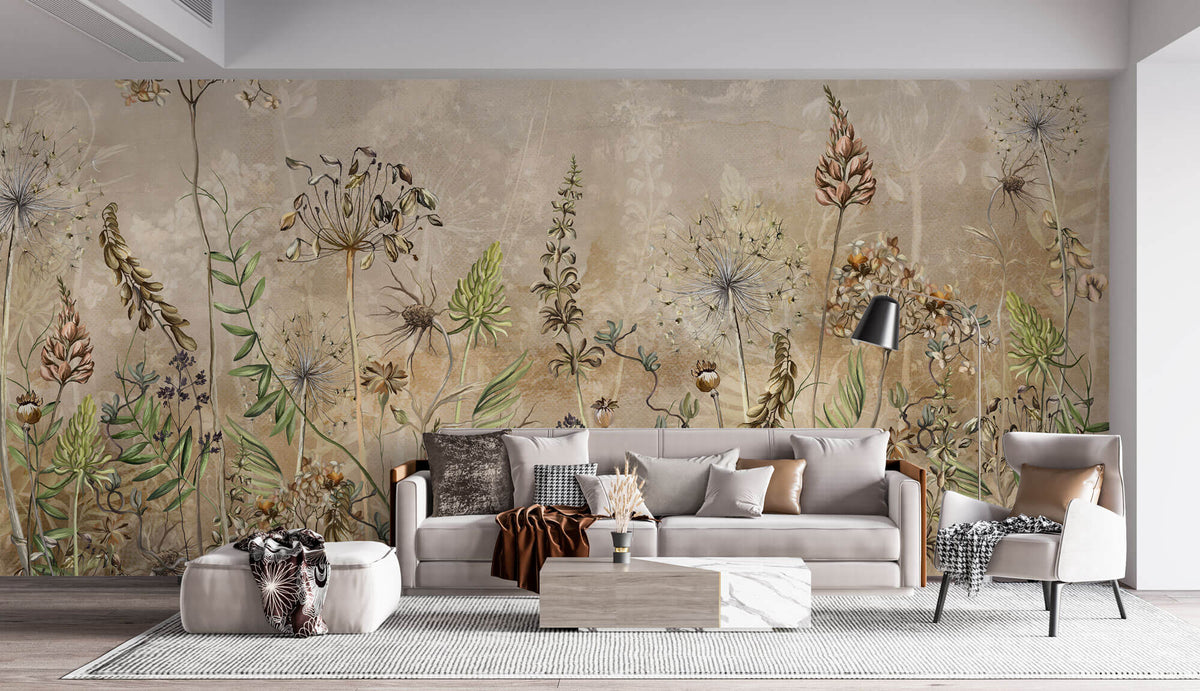 Tapet Personalizat Floral cu flori salbatice in fundal bej - LITTLE WILDFLOWERS BEIGE