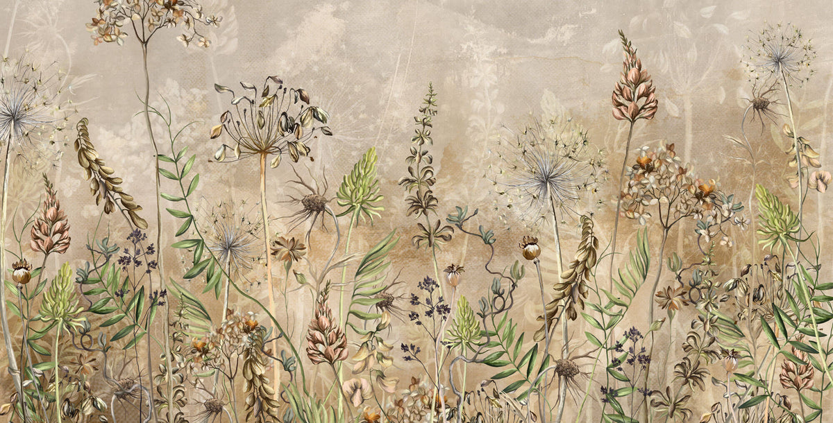 Tapet Personalizat Floral cu flori salbatice in fundal bej - LITTLE WILDFLOWERS BEIGE