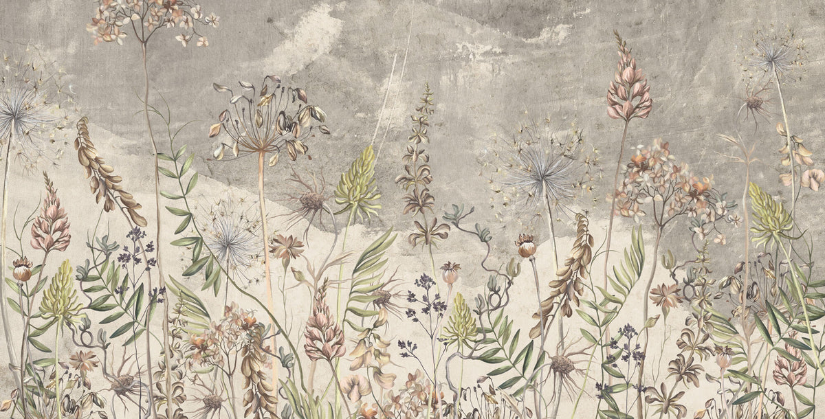 Tapet Personalizat Floralcu flori salbatice in fundal gri - LITTLE WILDFLOWERS GREY