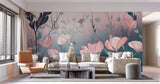 Tapet Personalizat Floral cu arta digitala florala in nuante de roz si albastru - SOFT MARINE PINK