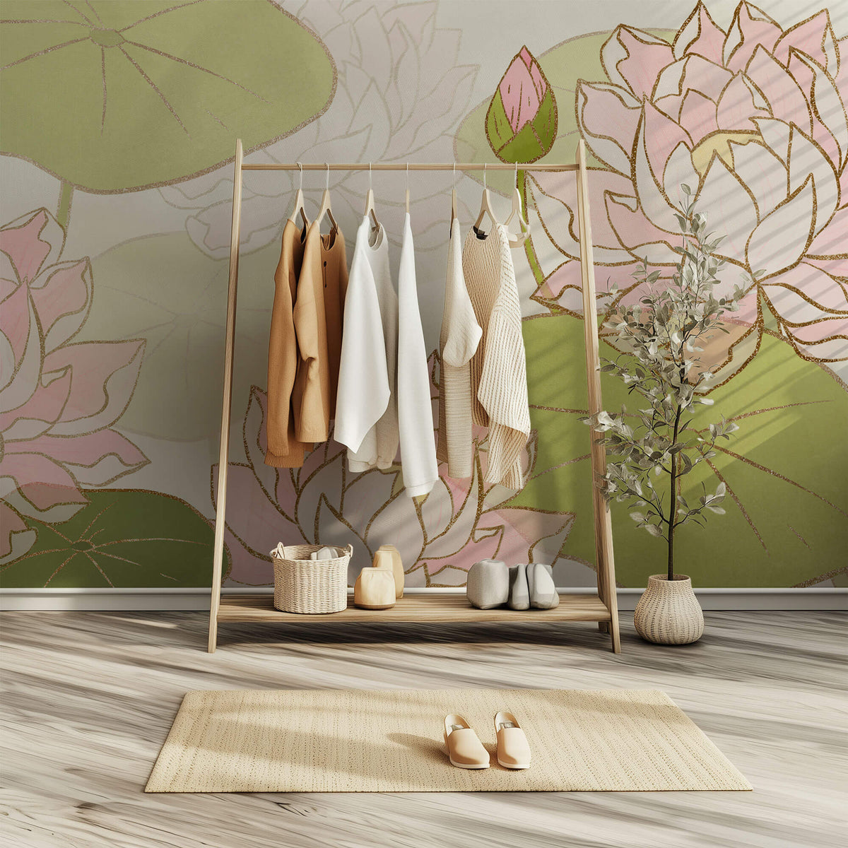 Tapet Personalizat Floral cu flori de lotus desenate si insertii aurii - HANDPAINTED LOTUS