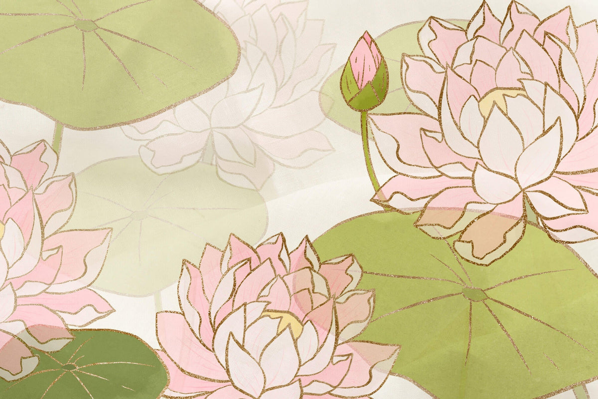 Tapet Personalizat Floral cu flori de lotus desenate si insertii aurii - HANDPAINTED LOTUS