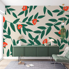 Tapet Personalizat Floral cu model floral in culori vibrante de verde si rosu - VIBRANT FLORAL PATTERN