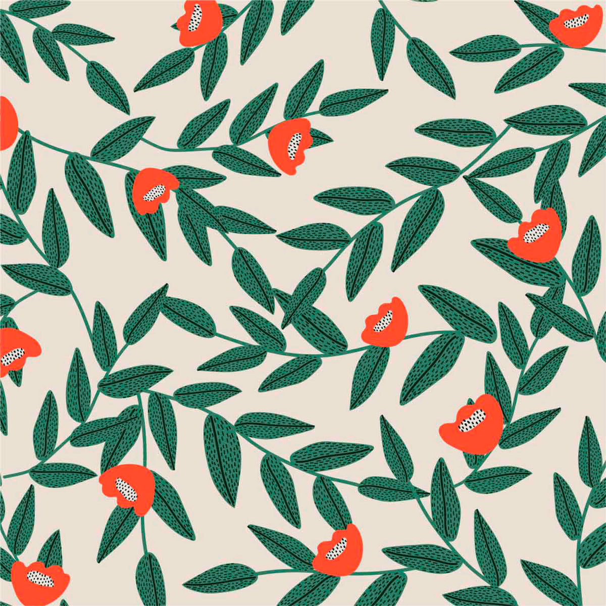 Tapet Personalizat Floral cu model floral in culori vibrante de verde si rosu - VIBRANT FLORAL PATTERN