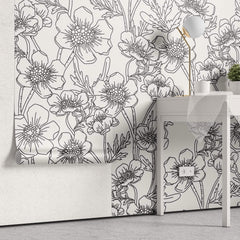 Tapet Personalizat Floral cu model floral in desen alb negru - FLORAL SKETCH BOOK