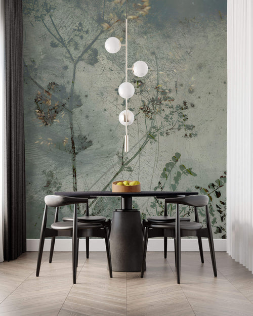 Tapet Personalizat Floral cu flori in fundal de plaster in nuante de verde - ABSTRACT FLOWER DESIGN