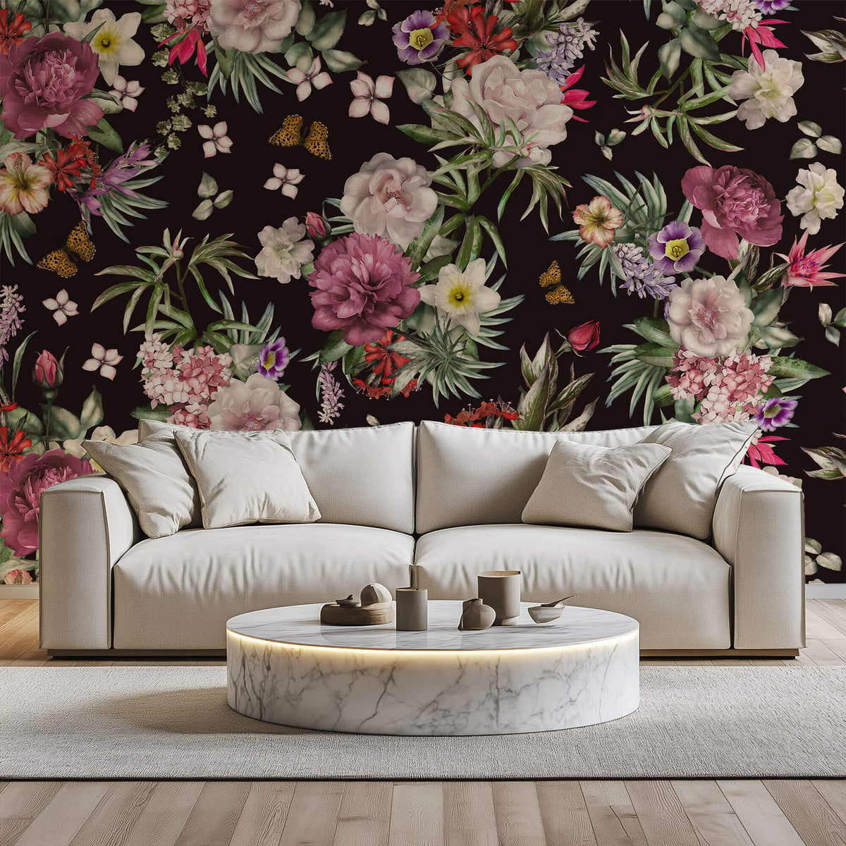 Tapet Personalizat Floral cu aranjamente florale pe un fundal maro inchis - TEXTURED FLOWER COLLAGE