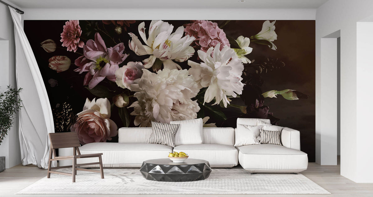 Fototapet Personalizat Floral cu aranjament floral si fluturi intr-un fundal maro inchis - FLORAL BROWN BOUQUET