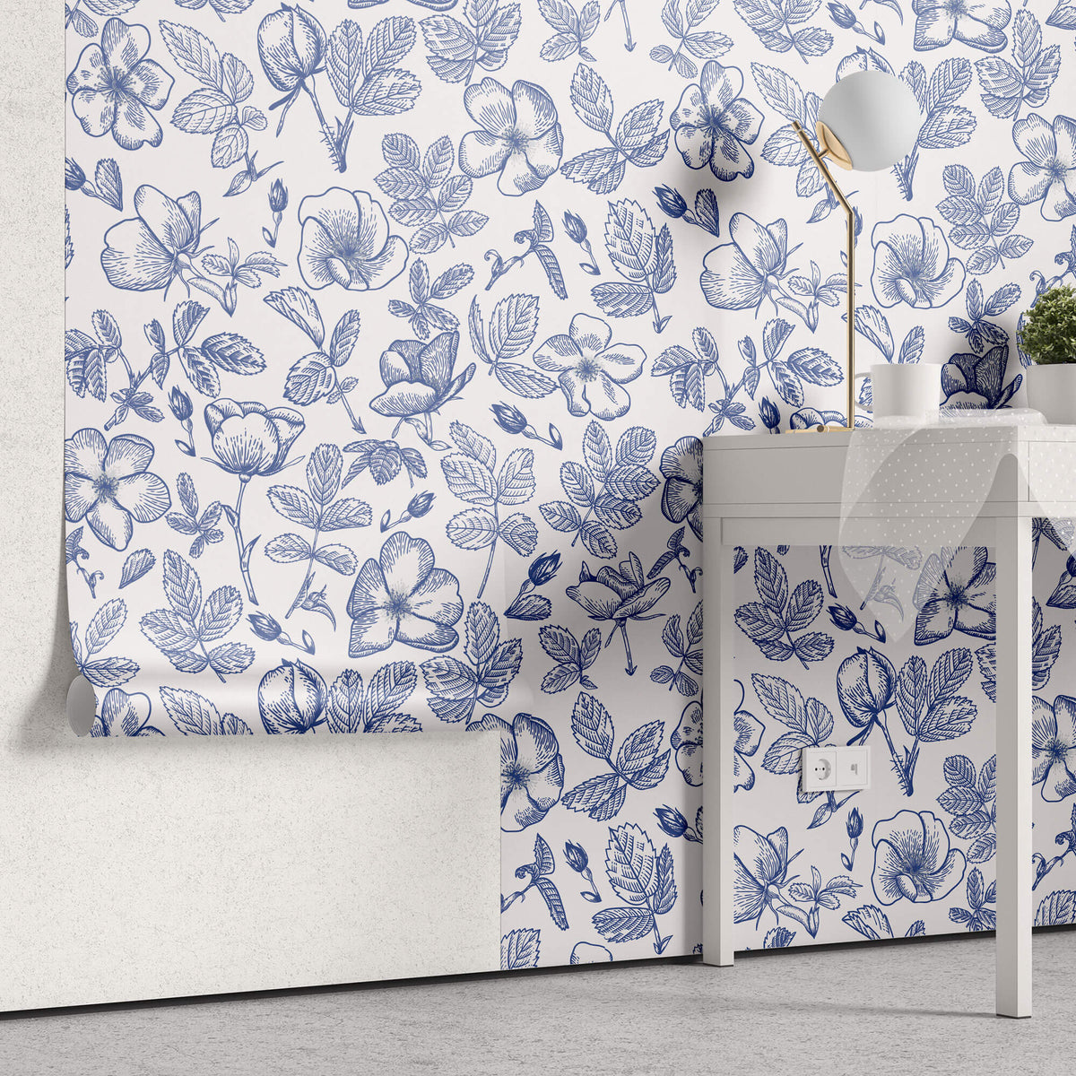 Tapet Personalizat Floral cu model floral albastru in stil olandez - DUTCH FLORAL PATTERN