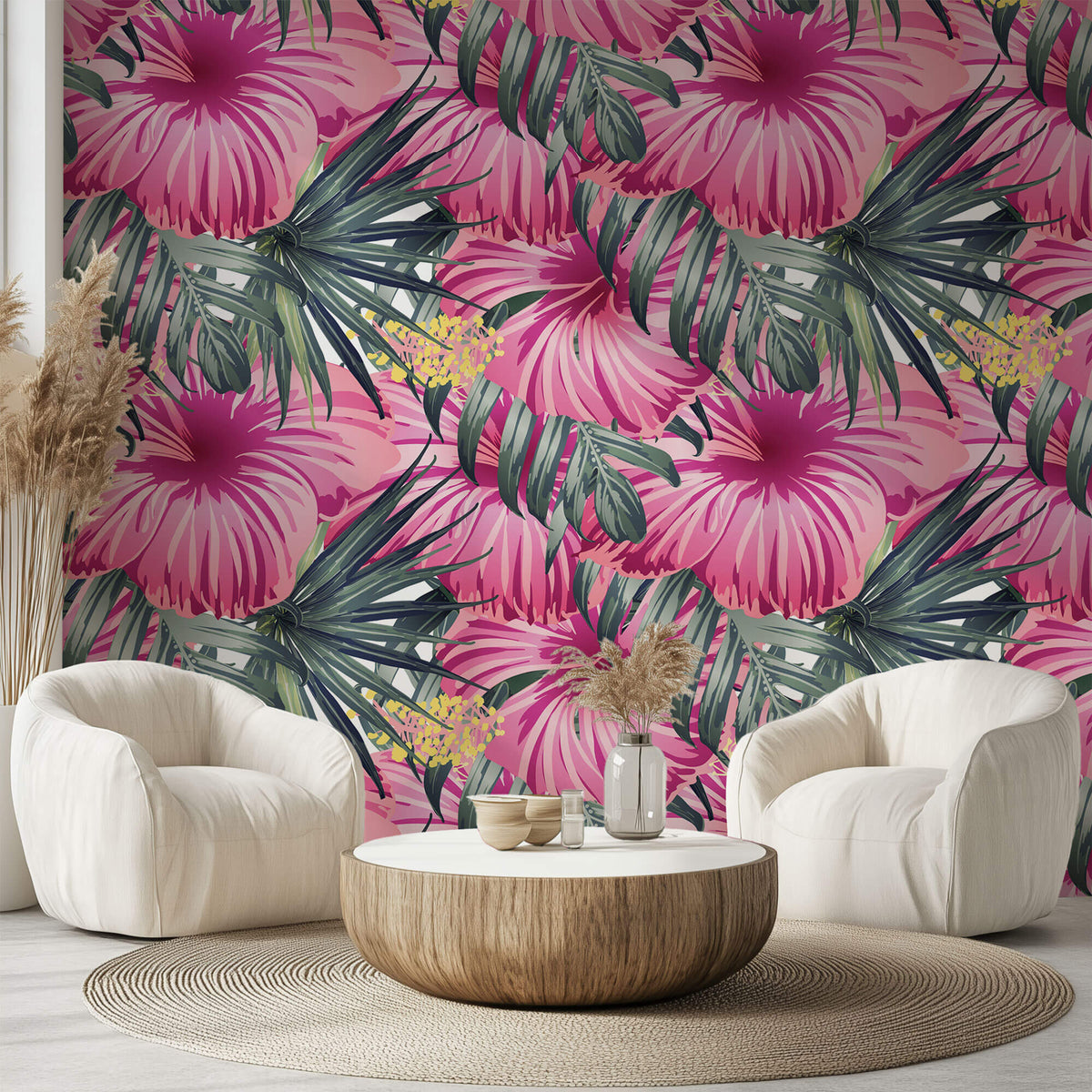 Tapet Personalizat Floral cu flori mari de hibiscus roz si frunze de palmier - PINK HIBISCUCS