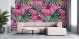 Tapet Personalizat Floral cu flori mari de hibiscus roz si frunze de palmier - PINK HIBISCUCS