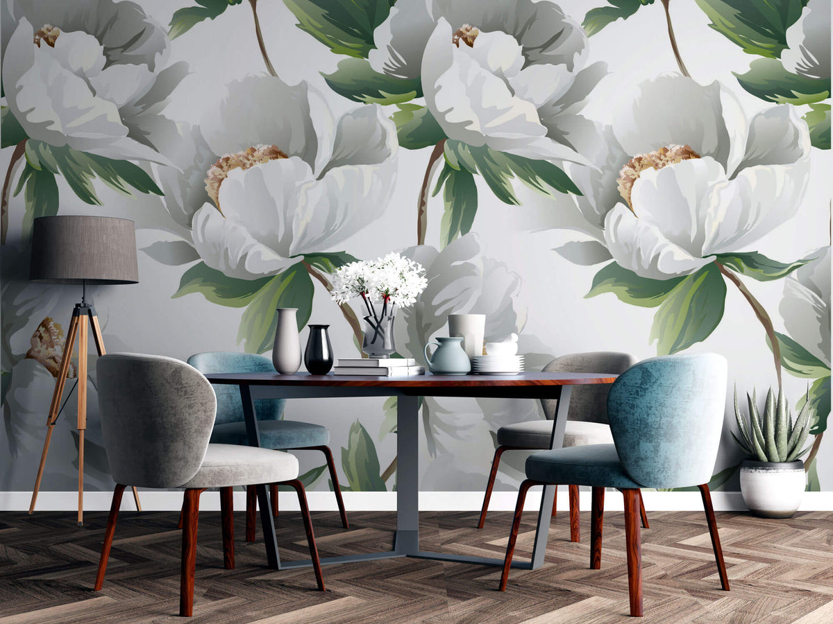 Tapet Personalizat Floral cu bujori albi infloriti - WHITE PEONY