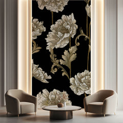 Tapet Personalizat Floral cu flori albe in stil elegant - BLACK & WHITE FLORAL PATTERN
