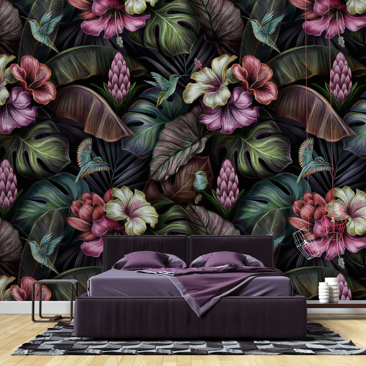 Tapet Personalizat Floral cu hibiscus inflorit multicolor si frunze verde inchis - TROPICAL HIBISCUS