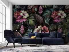 Tapet Personalizat Floral cu hibiscus inflorit multicolor si frunze verde inchis - TROPICAL HIBISCUS
