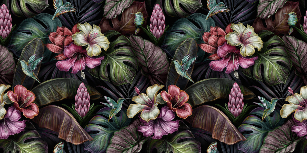 Tapet Personalizat Floral cu hibiscus inflorit multicolor si frunze verde inchis - TROPICAL HIBISCUS