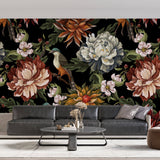 Tapet Personalizat Floral cu flori si pasari ilustrate cu fundal negru - DARK EXOTIC FLOWER PATTERN