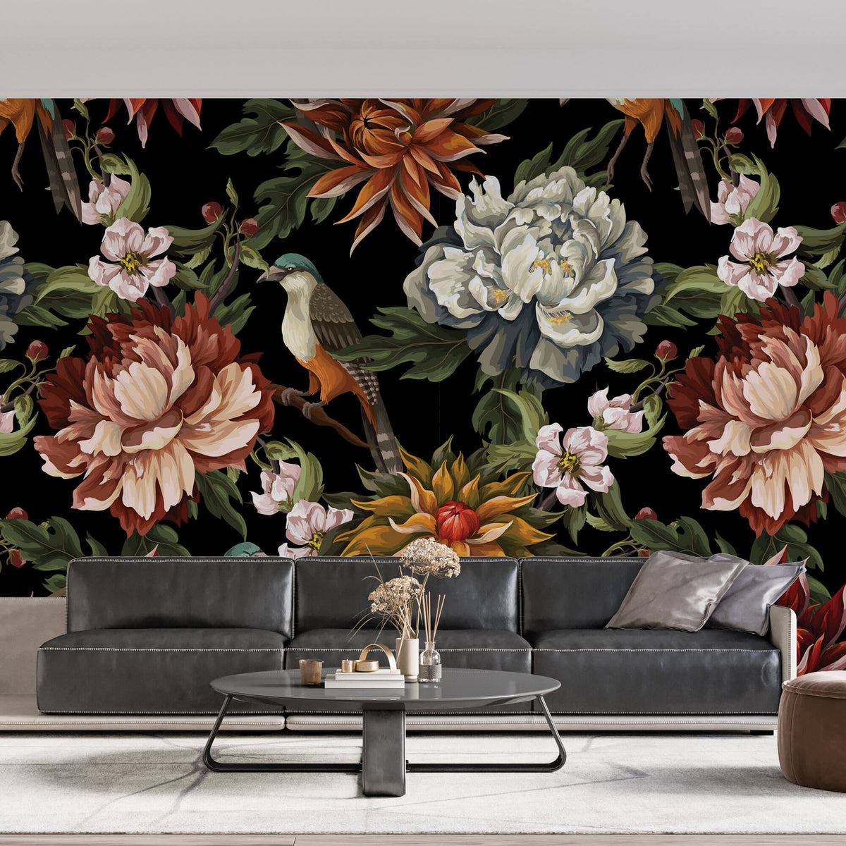 Tapet Personalizat Floral cu flori si pasari ilustrate cu fundal negru - DARK EXOTIC FLOWER PATTERN