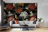 Tapet Personalizat Floral cu flori si pasari ilustrate cu fundal negru - DARK EXOTIC FLOWER PATTERN
