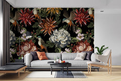 Tapet Personalizat Floral cu flori si pasari ilustrate cu fundal negru - DARK EXOTIC FLOWER PATTERN
