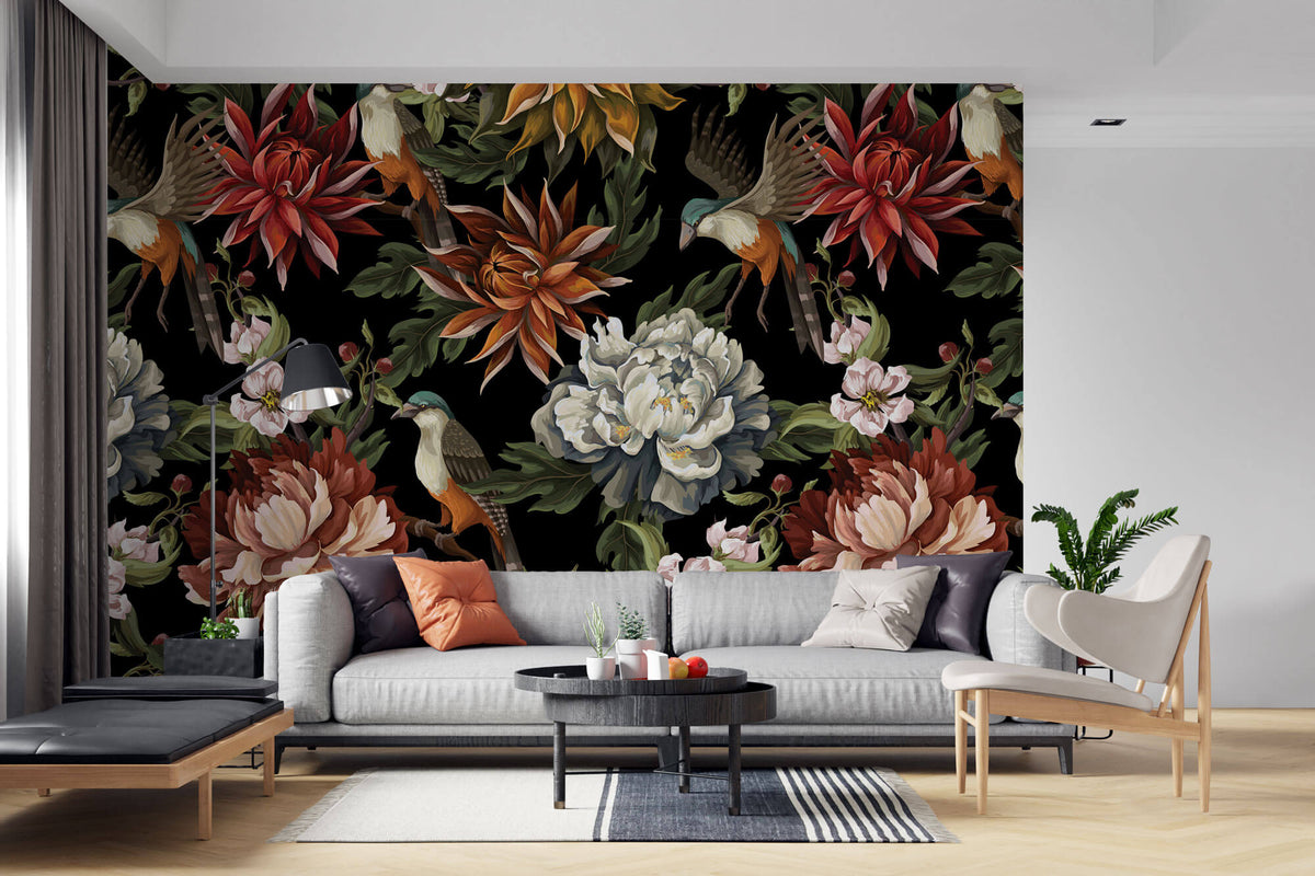 Tapet Personalizat Floral cu flori si pasari ilustrate cu fundal negru - DARK EXOTIC FLOWER PATTERN