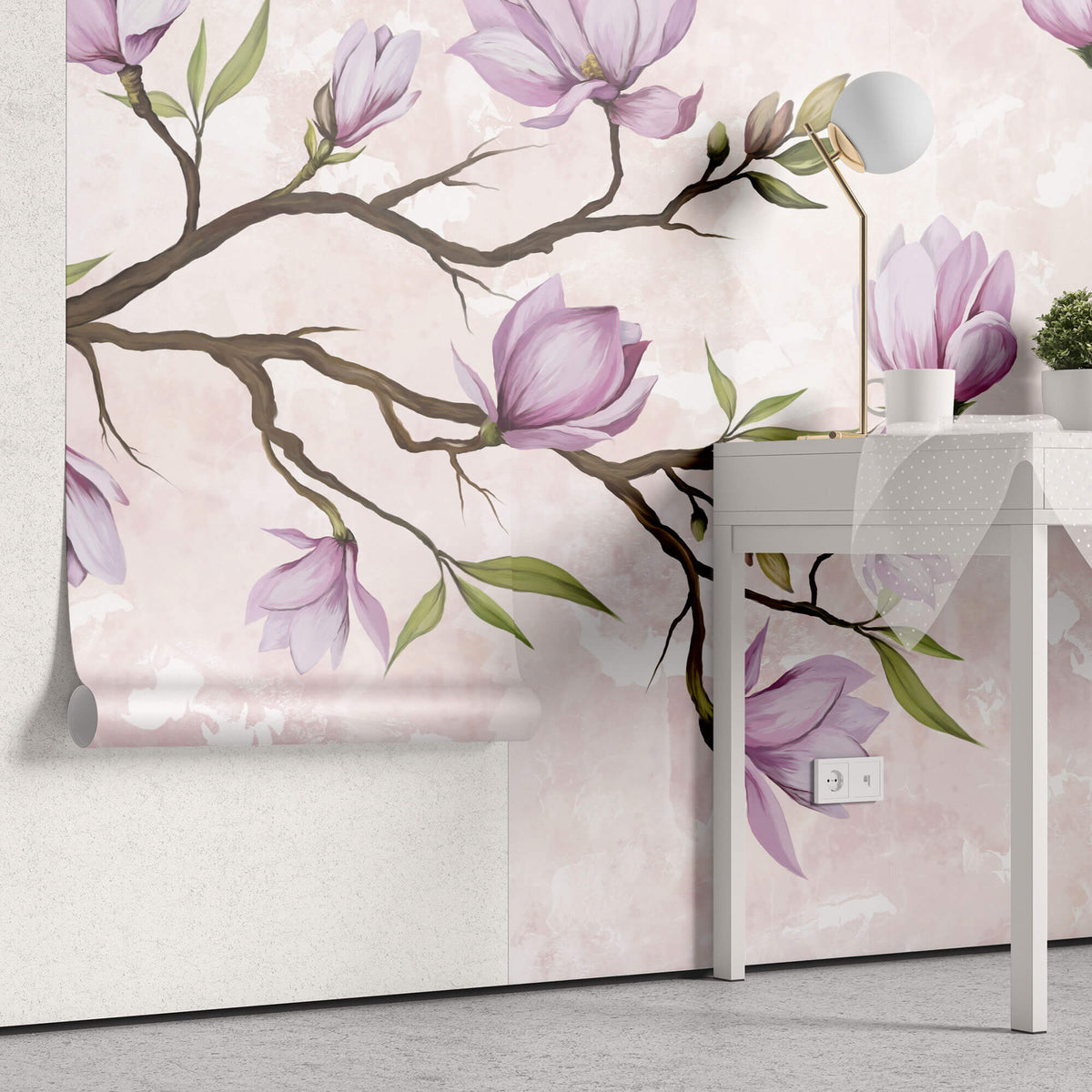 Tapet Personalizat Floral cu ramuri de magnolie mov si fundal roz texturat - MAGNOLIA BRANCH II