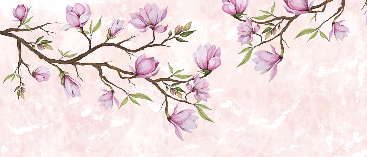Tapet Personalizat Floral cu ramuri de magnolie mov si fundal roz texturat - MAGNOLIA BRANCH II