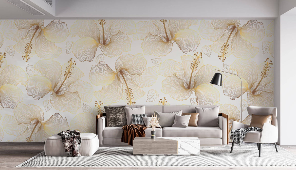 Tapet Personalizat Floral cu flori de hibiscus aurii - GOLDEN HIBISCUS