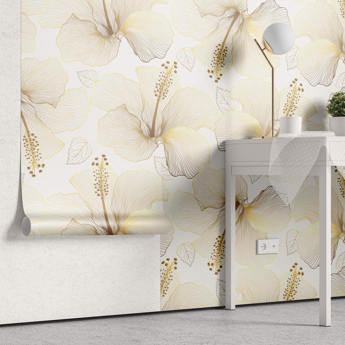 Tapet Personalizat Floral cu flori de hibiscus aurii - GOLDEN HIBISCUS