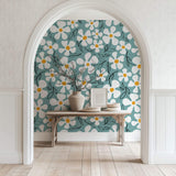 Tapet Personalizat Floral cu margarete ilustrate cu fundal albastru - CARTOON DAISIES