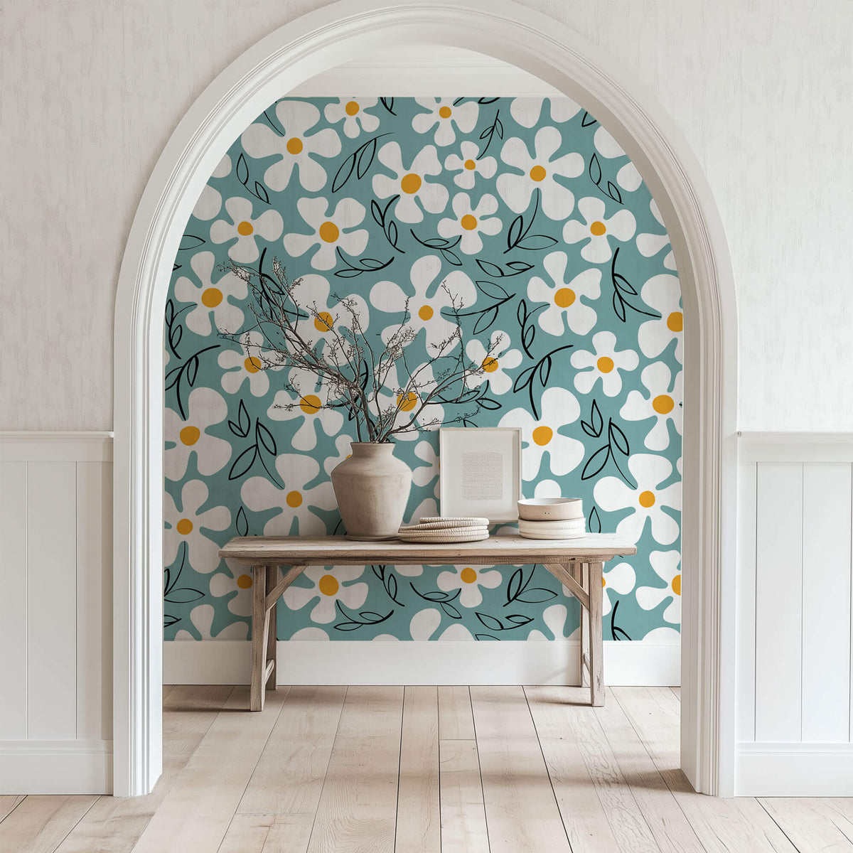 Tapet Personalizat Floral cu margarete ilustrate cu fundal albastru - CARTOON DAISIES