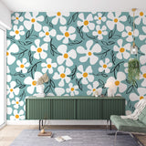 Tapet Personalizat Floral cu margarete ilustrate cu fundal albastru - CARTOON DAISIES