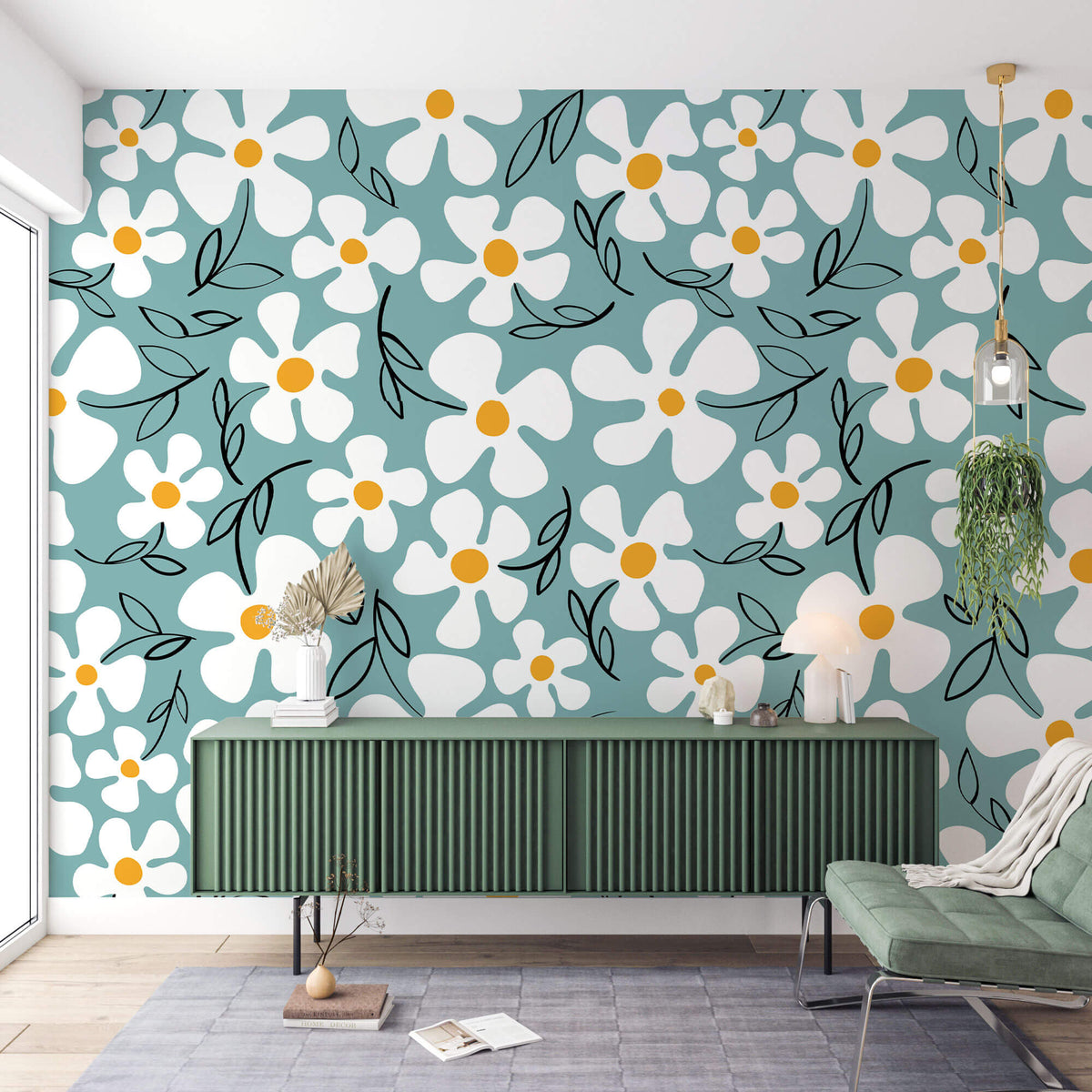 Tapet Personalizat Floral cu margarete ilustrate cu fundal albastru - CARTOON DAISIES