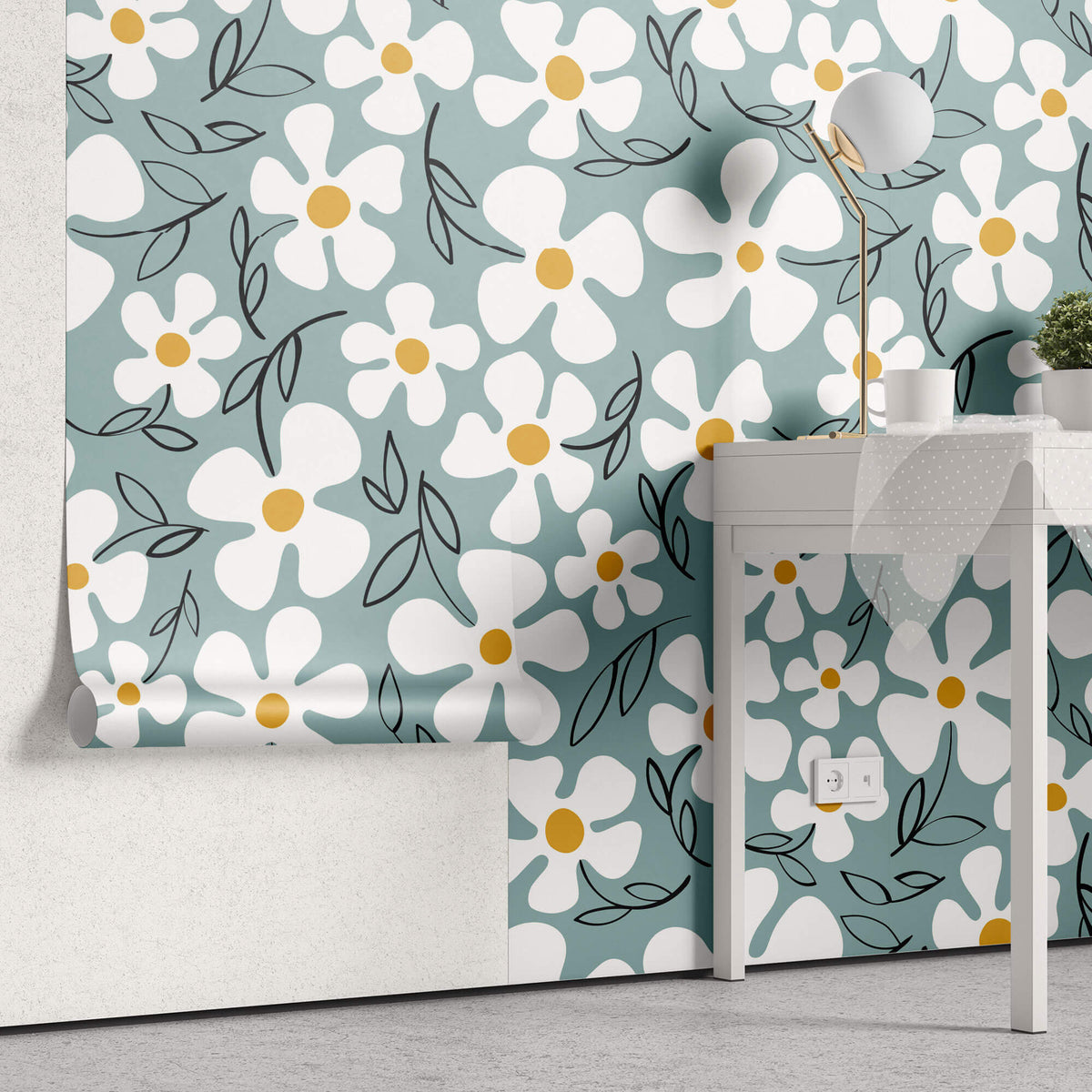 Tapet Personalizat Floral cu margarete ilustrate cu fundal albastru - CARTOON DAISIES