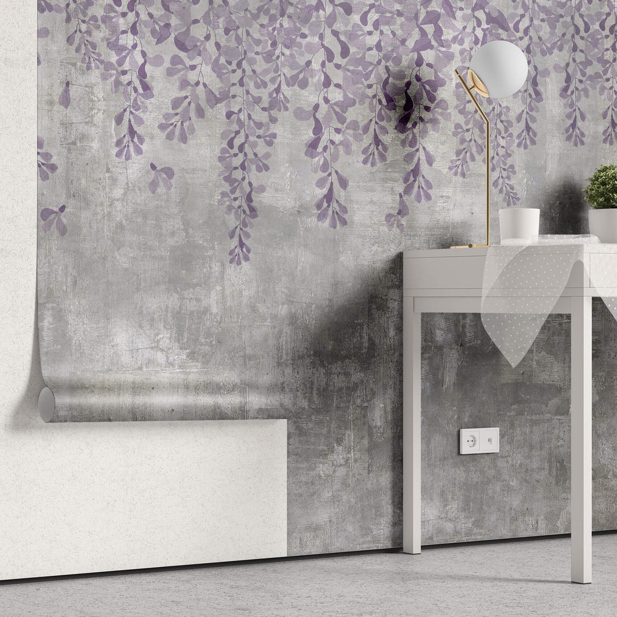 Tapet Personalizat Floral cu flori curgatoare mov pe un perete de ciment gri - CONCRETE LILA FLOWERS