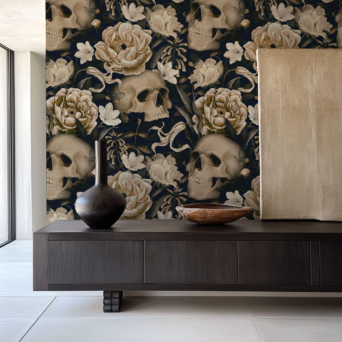 Tapet Personalizat Floral cu cranii si flori intr-un stil vintage - FLORAL SKULL