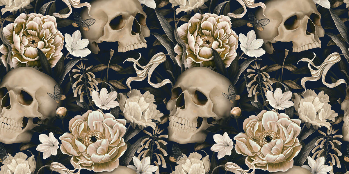 Tapet Personalizat Floral cu cranii si flori intr-un stil vintage - FLORAL SKULL