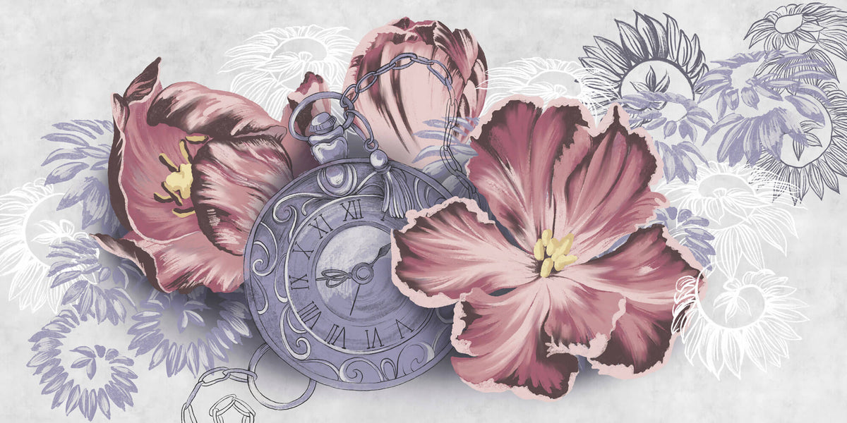 Tapet Personalizat Floral cu flori si un ceas vintage - WATCH FLOWERS